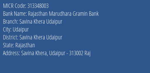 Rajasthan Marudhara Gramin Bank Savina Khera Udaipur MICR Code