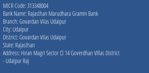 Rajasthan Marudhara Gramin Bank Govardan Vilas Udaipur MICR Code