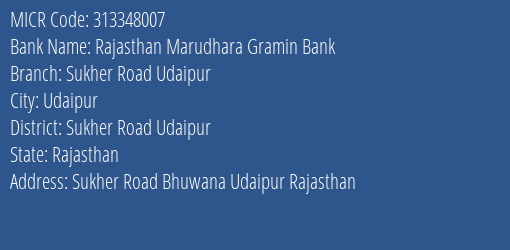 Rajasthan Marudhara Gramin Bank Sukher Road Udaipur MICR Code