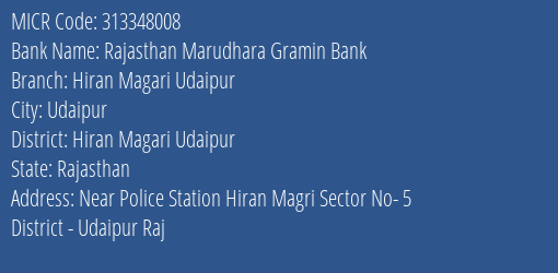 Rajasthan Marudhara Gramin Bank Hiran Magari Udaipur MICR Code