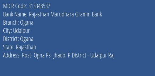 Rajasthan Marudhara Gramin Bank Ogana Branch Address Details and MICR Code 313348537