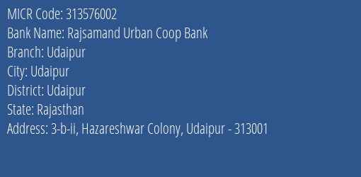 Rajsamand Urban Coop Bank Udaipur MICR Code