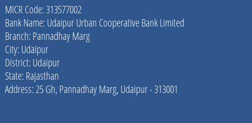 Udaipur Urban Cooperative Bank Limited Pannadhay Marg MICR Code