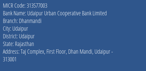 Udaipur Urban Cooperative Bank Limited Dhanmandi MICR Code