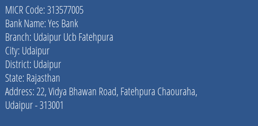 Udaipur Urban Cooperative Bank Limited Fatehpura MICR Code