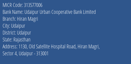 Udaipur Urban Cooperative Bank Limited Hiran Magri MICR Code