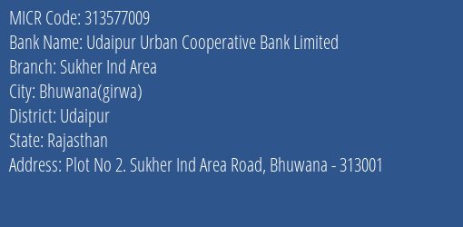 Udaipur Urban Cooperative Bank Limited Sukher Ind Area MICR Code