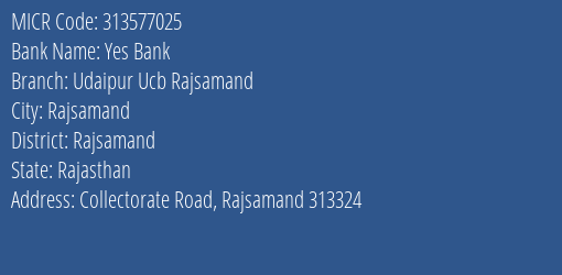 Udaipur Urban Cooperative Bank Limited Rajsamand MICR Code