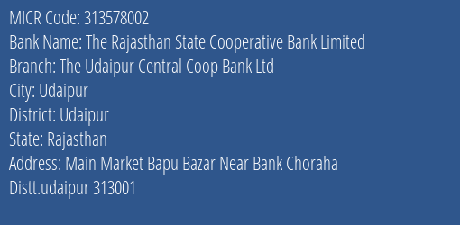 The Udaipur Central Coop Bank Ltd Main Market MICR Code