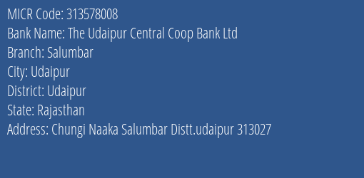 The Udaipur Central Coop Bank Ltd Salumbar MICR Code