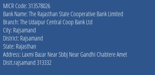 The Udaipur Central Coop Bank Ltd Laxmi Bazar MICR Code