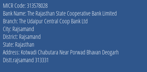 The Udaipur Central Coop Bank Ltd Deogarh MICR Code