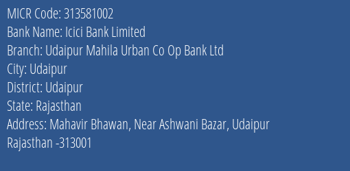 Udaipur Mahila Urban Co Op Bank Ltd Mahavir Bhawan MICR Code