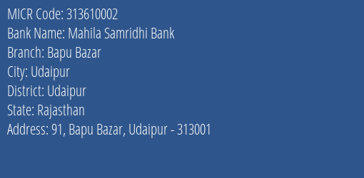 Mahila Samridhi Bank Bapu Bazar MICR Code