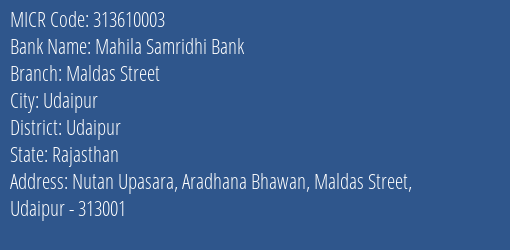 Mahila Samridhi Bank Maldas Street MICR Code