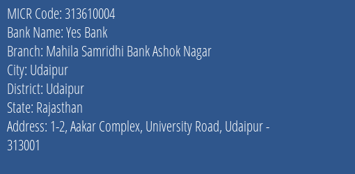 Mahila Samridhi Bank Ashok Nagar MICR Code