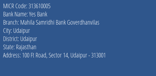 Mahila Samridhi Bank Goverdhanvilas MICR Code
