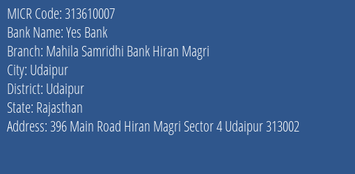 Mahila Samridhi Bank Hiran Magri MICR Code