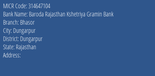 Baroda Rajasthan Kshetriya Gramin Bank Bhasor MICR Code