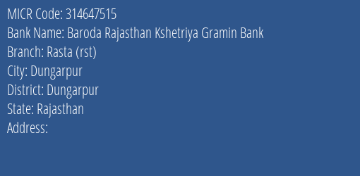 Baroda Rajasthan Kshetriya Gramin Bank Rasta Rst MICR Code