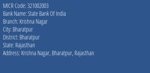 State Bank Of India Krishna Nagar Branch Address Details and MICR Code 321002003