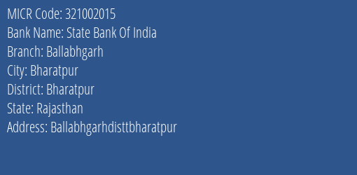 State Bank Of India Ballabhgarh Branch Address Details and MICR Code 321002015