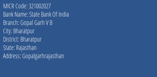 State Bank Of India Gopal Garh V B Branch Address Details and MICR Code 321002027