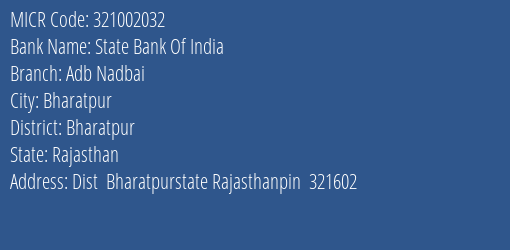 State Bank Of India Adb Nadbai Branch Address Details and MICR Code 321002032