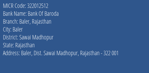 Bank Of Baroda Baler Rajasthan Branch Address Details and MICR Code 322012512