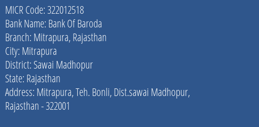 Bank Of Baroda Mitrapura, Rajasthan Branch Address Details and MICR Code 322012518