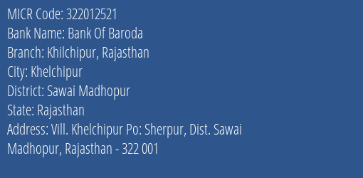 Bank Of Baroda Khilchipur Rajasthan Branch Address Details and MICR Code 322012521