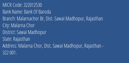Bank Of Baroda Malarnachor Br Dist. Sawai Madhopur Rajasthan Branch Address Details and MICR Code 322012530