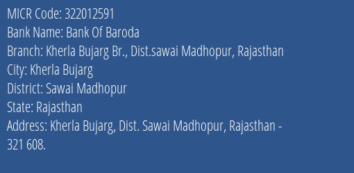 Bank Of Baroda Kherla Bujarg Br. Dist.sawai Madhopur Rajasthan Branch Address Details and MICR Code 322012591