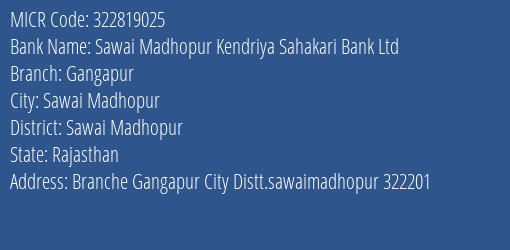 Sawai Madhopur Kendriya Sahakari Bank Ltd Gangapur MICR Code