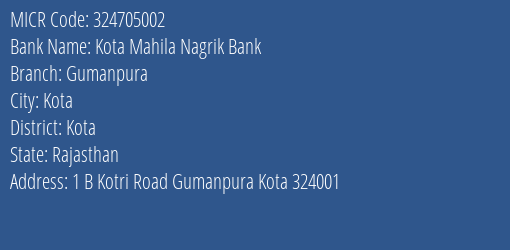 Kota Mahila Nagrik Bank Gumanpura MICR Code