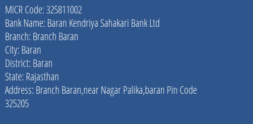 Baran Kendriya Sahakari Bank Ltd Branch Baran MICR Code