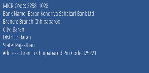Baran Kendriya Sahakari Bank Ltd Branch Chhipabarod MICR Code