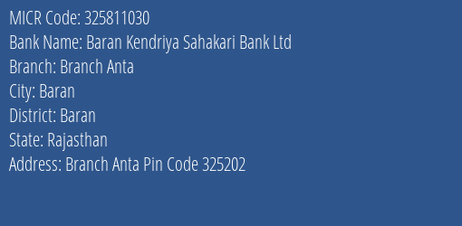 Baran Kendriya Sahakari Bank Ltd Branch Anta MICR Code