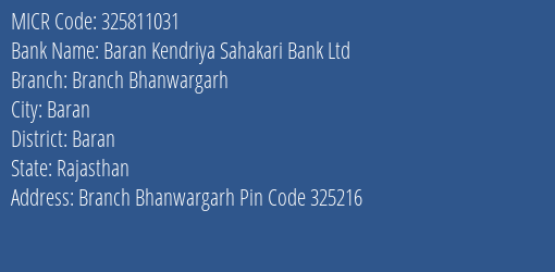 Baran Kendriya Sahakari Bank Ltd Branch Bhanwargarh MICR Code