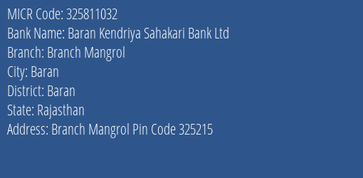 Baran Kendriya Sahakari Bank Ltd Branch Mangrol MICR Code