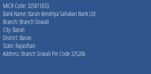 Baran Kendriya Sahakari Bank Ltd Branch Siswali MICR Code