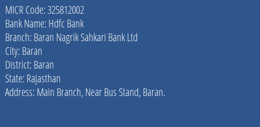 Baran Nagrik Sahkari Bank Ltd Main Branch MICR Code