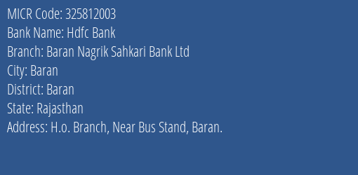 Baran Nagrik Sahkari Bank Ltd H.o. Branch MICR Code