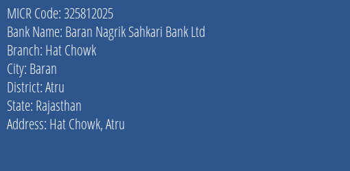 Baran Nagrik Sahkari Bank Ltd Hat Chowk MICR Code
