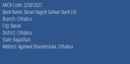 Baran Nagrik Sahkari Bank Ltd Chhabra MICR Code