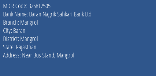 Baran Nagrik Sahkari Bank Ltd Mangrol MICR Code