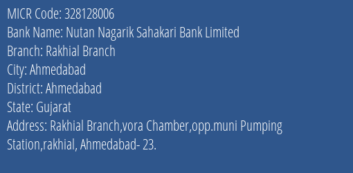 Nutan Nagarik Sahakari Bank Rakhial Branch Branch MICR Code 328128006