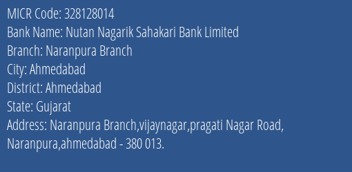 Nutan Nagarik Sahakari Bank Limited Naranpura Branch MICR Code