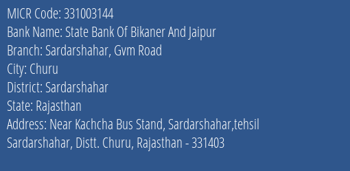 State Bank Of Bikaner And Jaipur Sardarshahar, Gvm Road MICR Code