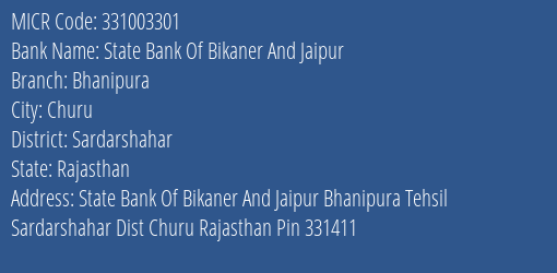 State Bank Of Bikaner And Jaipur Bhanipura MICR Code